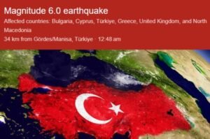 Map showing epicenter near Sındırgı, Balıkesir after M6.1 earthquake