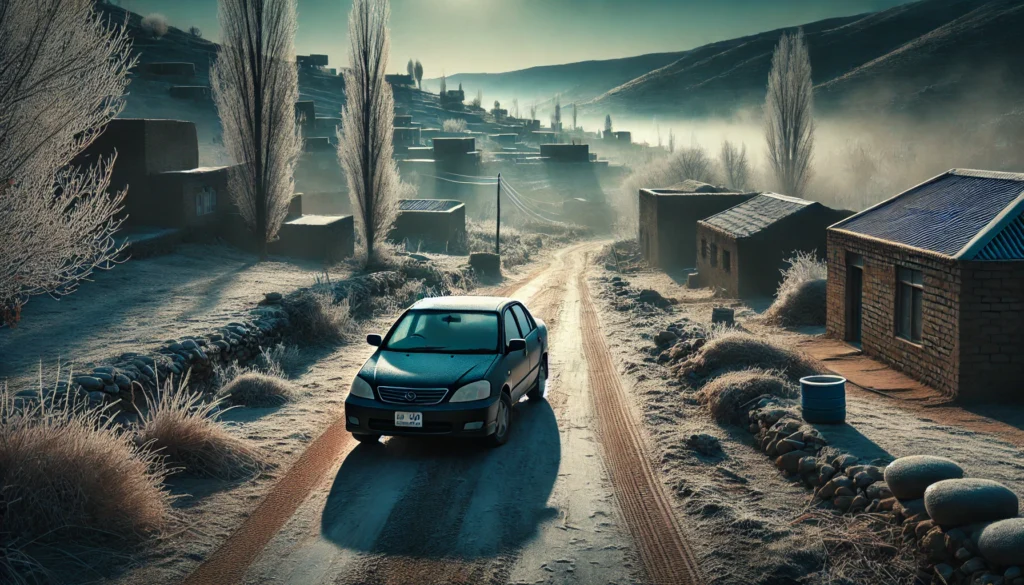 A car parked in a rural area of Pakistan during freezing temperatures