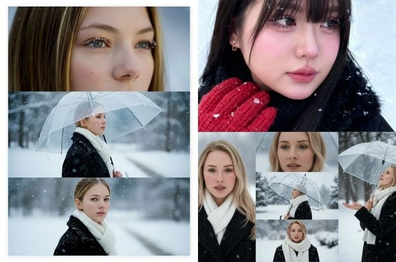 A woman’s portrait transformed with the Meitu AI Snow Trend showing realistic snowfall and soft winter lighting