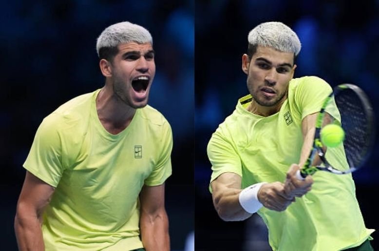 Carlos Alcaraz celebrates winning against Lorenzo Musetti to secure the year-end World No. 1 ranking at the ATP Finals