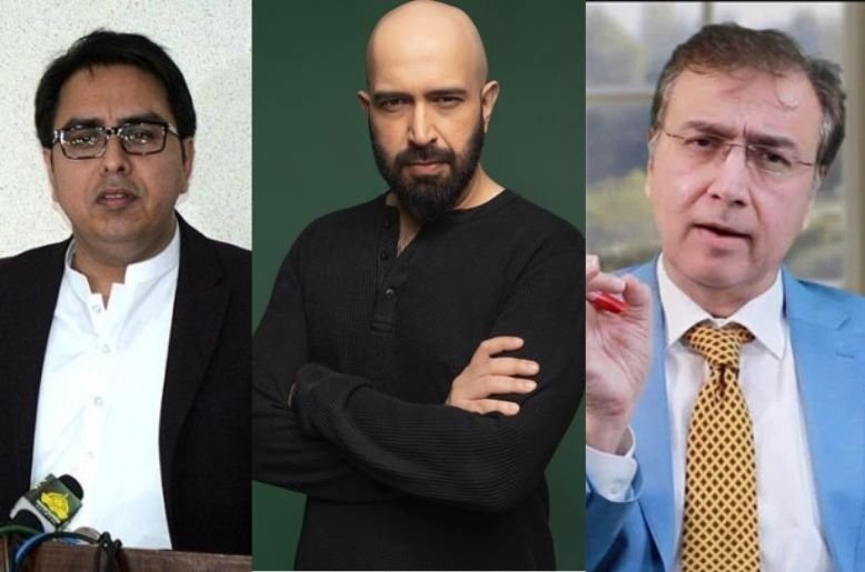 Collage of Moeed Pirzada, Shehbaz Gill and journalist Wajahat Saeed Khan, illustrating their online clash over the Georgetown Pakistan Public Policy Conclave.