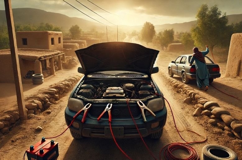 Mechanic checking a car battery connection under the hood of a car