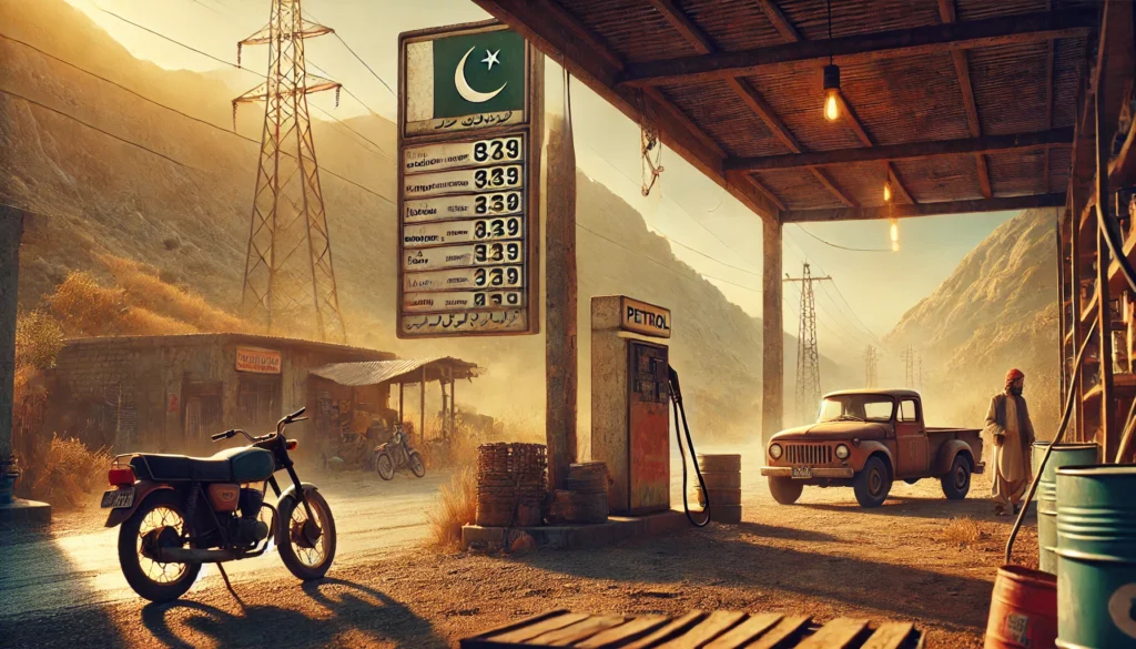 Petrol prices displayed at a rural petrol pump station in Pakistan