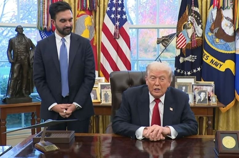 President Donald Trump and NYC mayor-elect Zohran Mamdani speaking to reporters inside the Oval Office during their first White House meeting