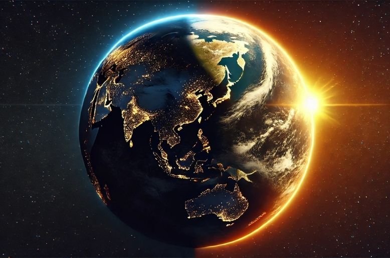 Satellite image of the globe showing the sun setting over Barrow, Alaska