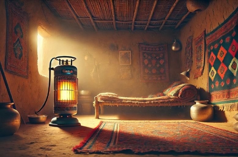 gas heater inside a traditional rural Pakistani home, indicating gas price hike