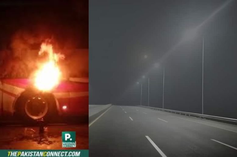 bus fire, fire in bus, motorway accident, m-2 motorway, fog updates, motorways in Pakistan, m-2 motorway fire in bus, latest fire in bus, bus accident, fire incident
