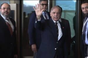 Shehbaz Sharif greets reporters in German