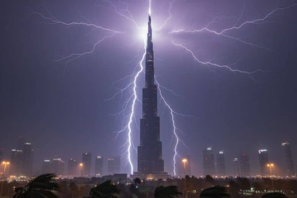 Burj Khalifa struck by lightning amid heavy rain in UAE