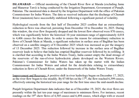 Chenab River flows stabilise at Marala after period of extraordinary reduction