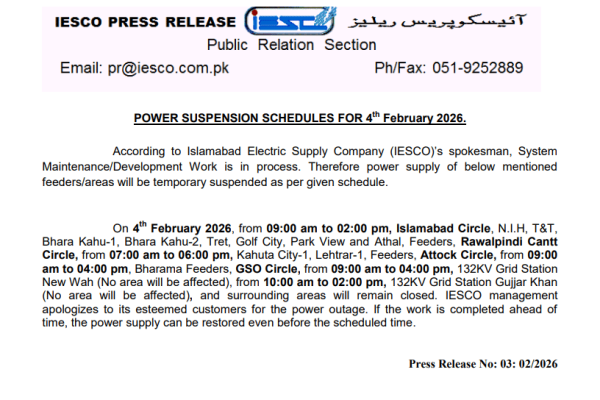 IESCO power shutdown scheduled on Feb 4 for Islamabad, Rawalpindi Cantt: see your area timings