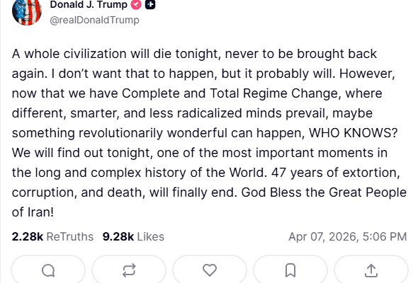 ‘A whole civilisation will die tonight,’ warns Trump on Truthsocial