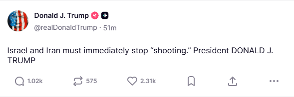 Trump says Israel and Iran must “Stop shooting”