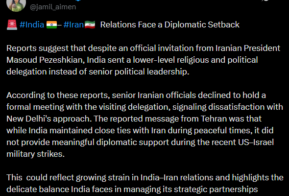 India refuses to send high-level delegation to Iran to ‘avoid upsetting Israel’: reports