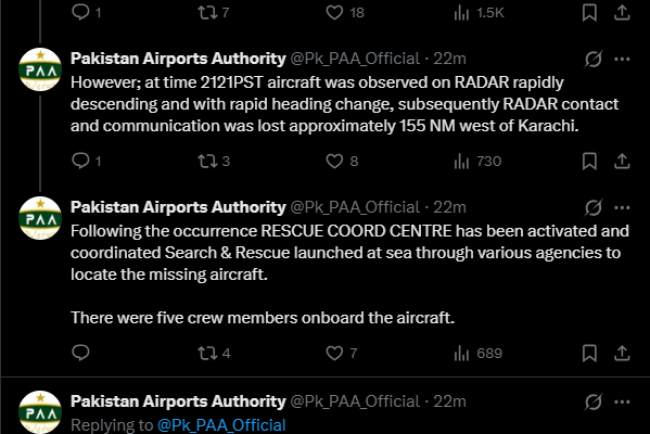 K2 Airways cargo plane from Sharjah to Karachi goes missing, says PAA