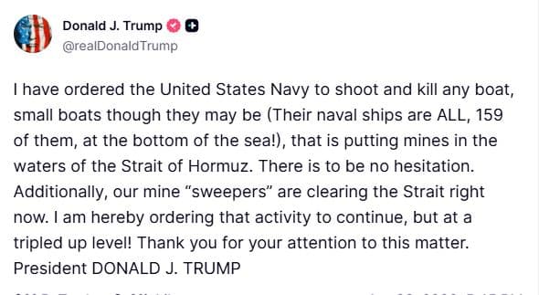 ‘I have ordered US Navy to attack any Iranian boat,’ says Trump
