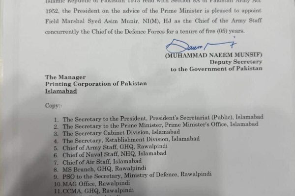 Field Marshal Syed Asim Munir notified as CDF