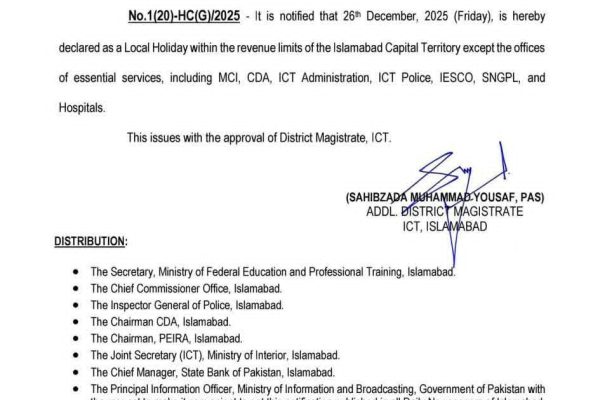 Islamabad: Local holiday announced for December 26