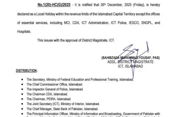 December 26 not a public holiday in Islamabad, govt clarifies