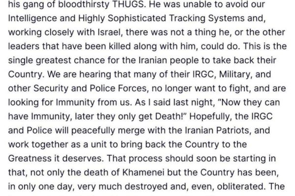 President Trump says Iran’s Supreme Leader Ayatollah Ali Khamenei is dead