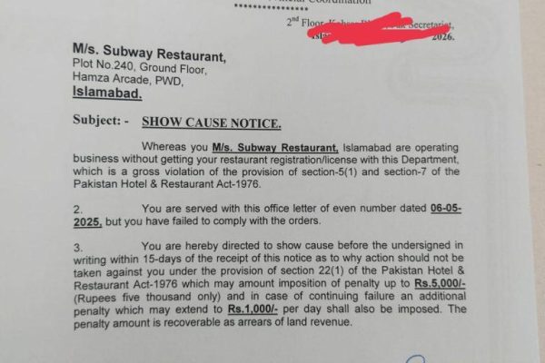 Major food outlets in Islamabad served show cause notice
