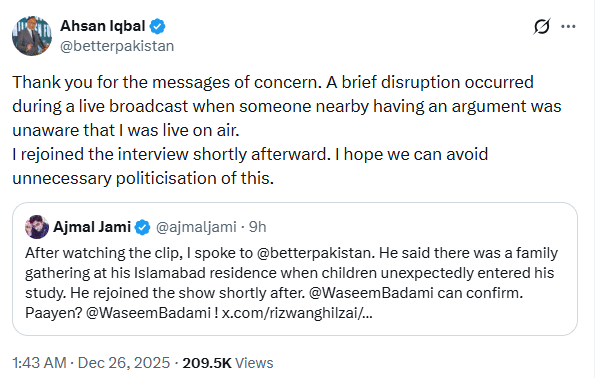 Ahsan Iqbal breaks silence on viral disruption during live TV show