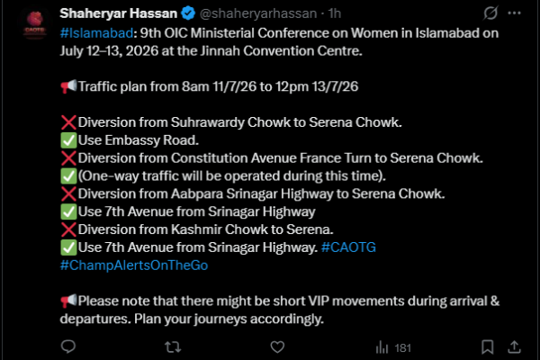 Traffic plan announced ahead of OIC Women’s Ministerial Conference in Islamabad