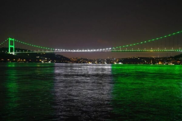 Istanbul’s martyrs bridge lit in Pakistani colours celebrating its 79th Independence Day, highlighting Turkey-Pakistan ties