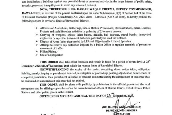 What Rawalpindi residents need to know: Section 144 extended until Dec 31