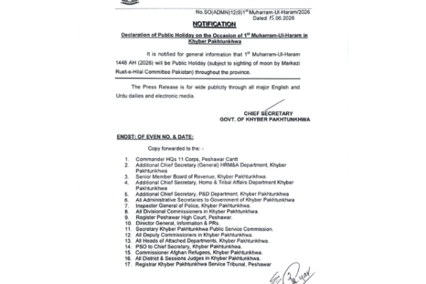 KP govt announces public holiday on 1st Muharram 2026
